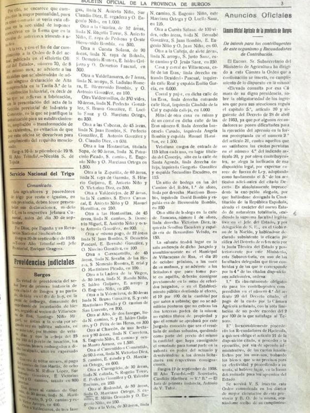 Boletín oficial de la provincia de Burgos que detalla las incautaciones a Santiago Niño Miguel.