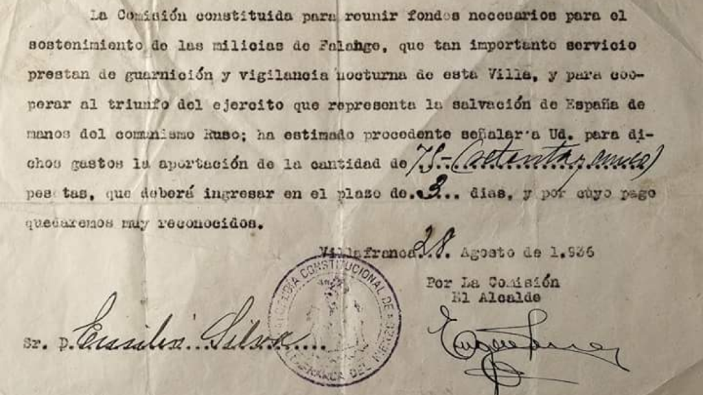 La Falange le exige al abuelo de Emilio Silva una aportación de 75 pesetas.