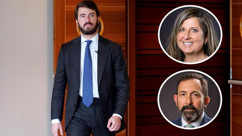 Juan García-Gallardo, en una imagen (Leticia Pérez-Ical) de archivo. Y en detalle, los procuradores Javier Bernardo Teira Lafuente y Ana Rosa Hernando Ruiz expulsados del grupo parlamentario de Vox