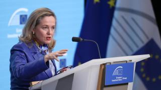 La presidenta del BEI, Nadia Calviño, durante la rueda de prensa de presentación de resultados este jueves en Bruselas
