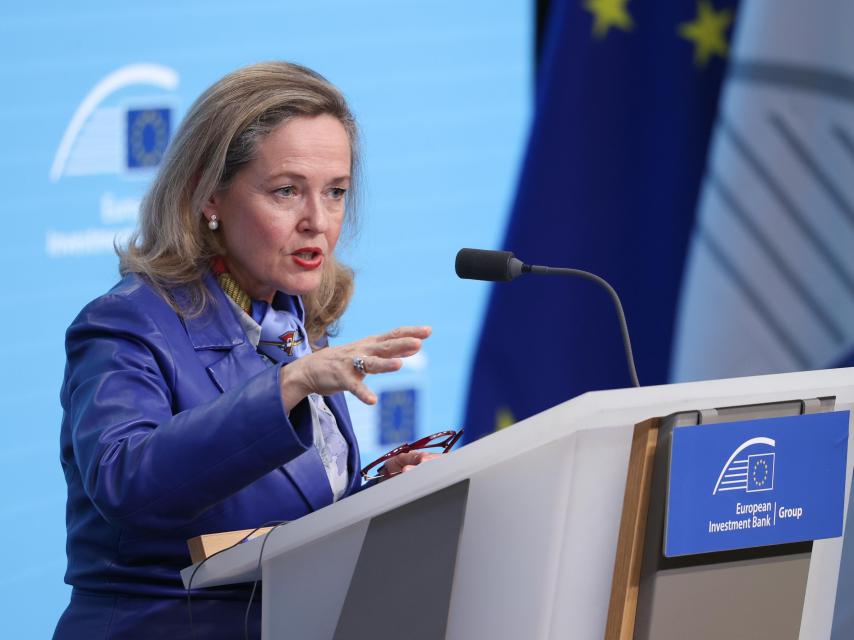 La presidenta del BEI, Nadia Calviño, durante la rueda de prensa de presentación de resultados este jueves en Bruselas