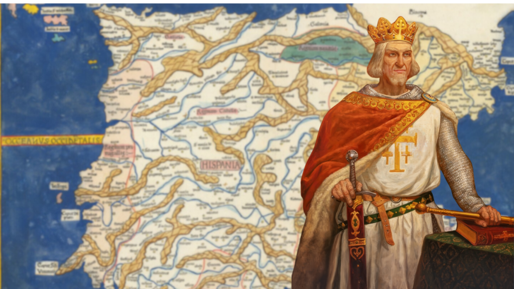 León V junto a un antiguo mapa de Hispania.