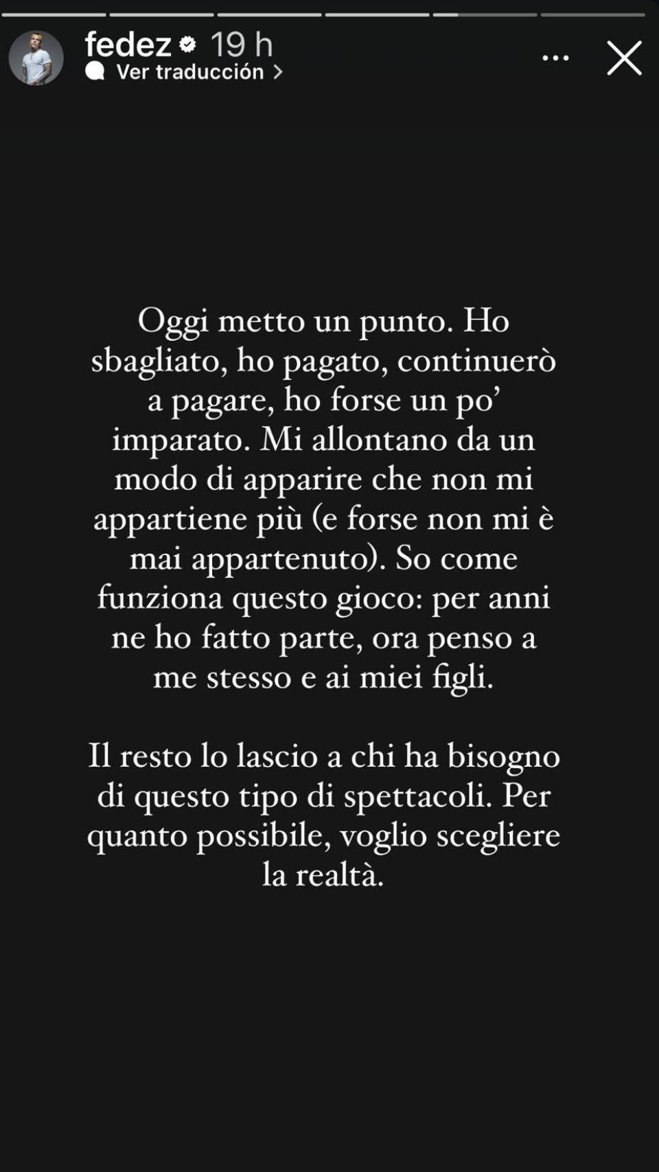 Comunicado en el que Fedez confirma que fue infiel a Chiara Ferragni.