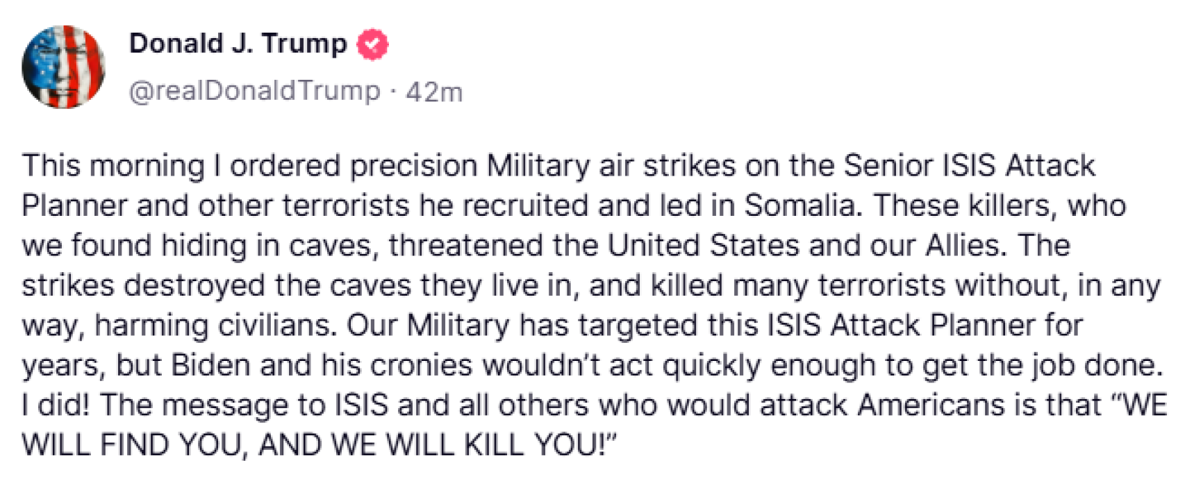 Pantallazo de la publicación de Trump en Truth Social el 1 de febrero de 2025