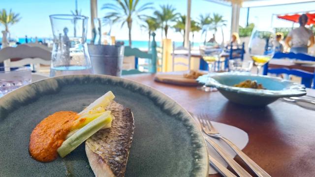 El plato principal de mújol en la espectacular terraza de El gato blanco.