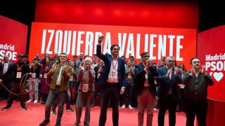 Félix Bolaños, Isaura Leal, Óscar López, Salvador Illa, Santos Cerdán y José Manuel Albares, este sábado en el Congreso del PSOE de Madrid.