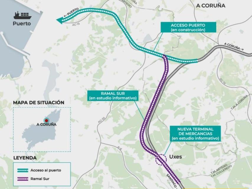 Mapa del Ministerio de Transportes con el trazado del ramal sur a Langosteira y la propuesta de nueva terminal de mercancías en Uxes.
