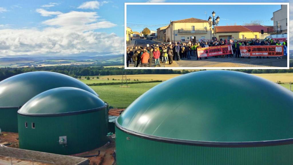 Imagen de archivo de una fábrica de biogás y, en el recuadro, una manifestación en la provincia de Zamora contra estas instalaciones