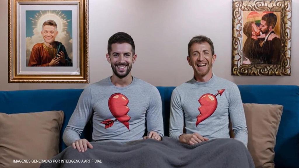 Pablo Motos y David Broncano en un mismo sofá, en una imagen generada por IA.