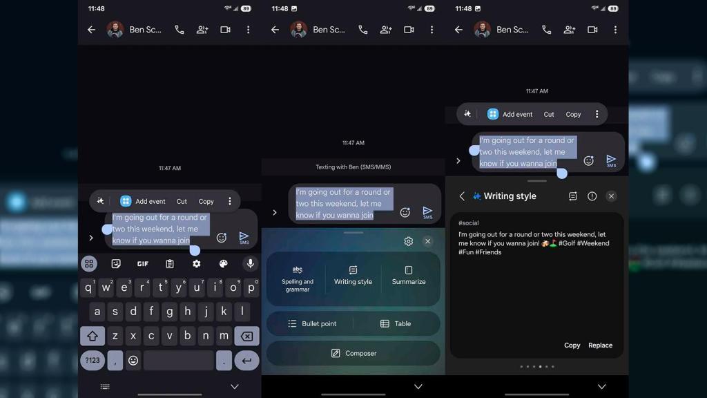Ejemplo del uso de Galaxy AI con otro teclado