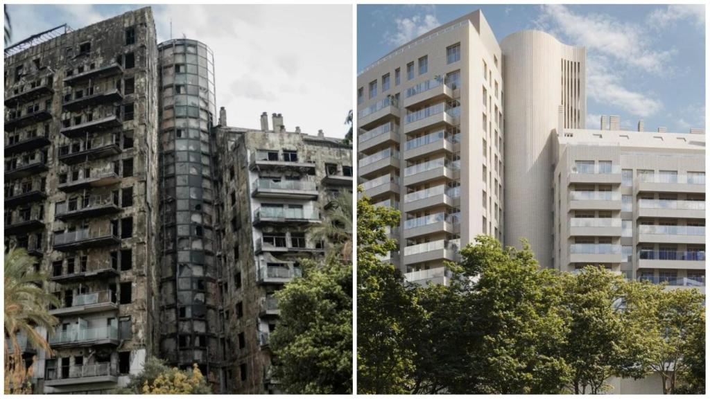 Estado del edificio tras el incendio y figuración de la nueva fachada propuesta por Arquerha. EE