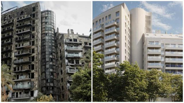 Estado del edificio tras el incendio y figuración de la nueva fachada propuesta por Arquerha. EE