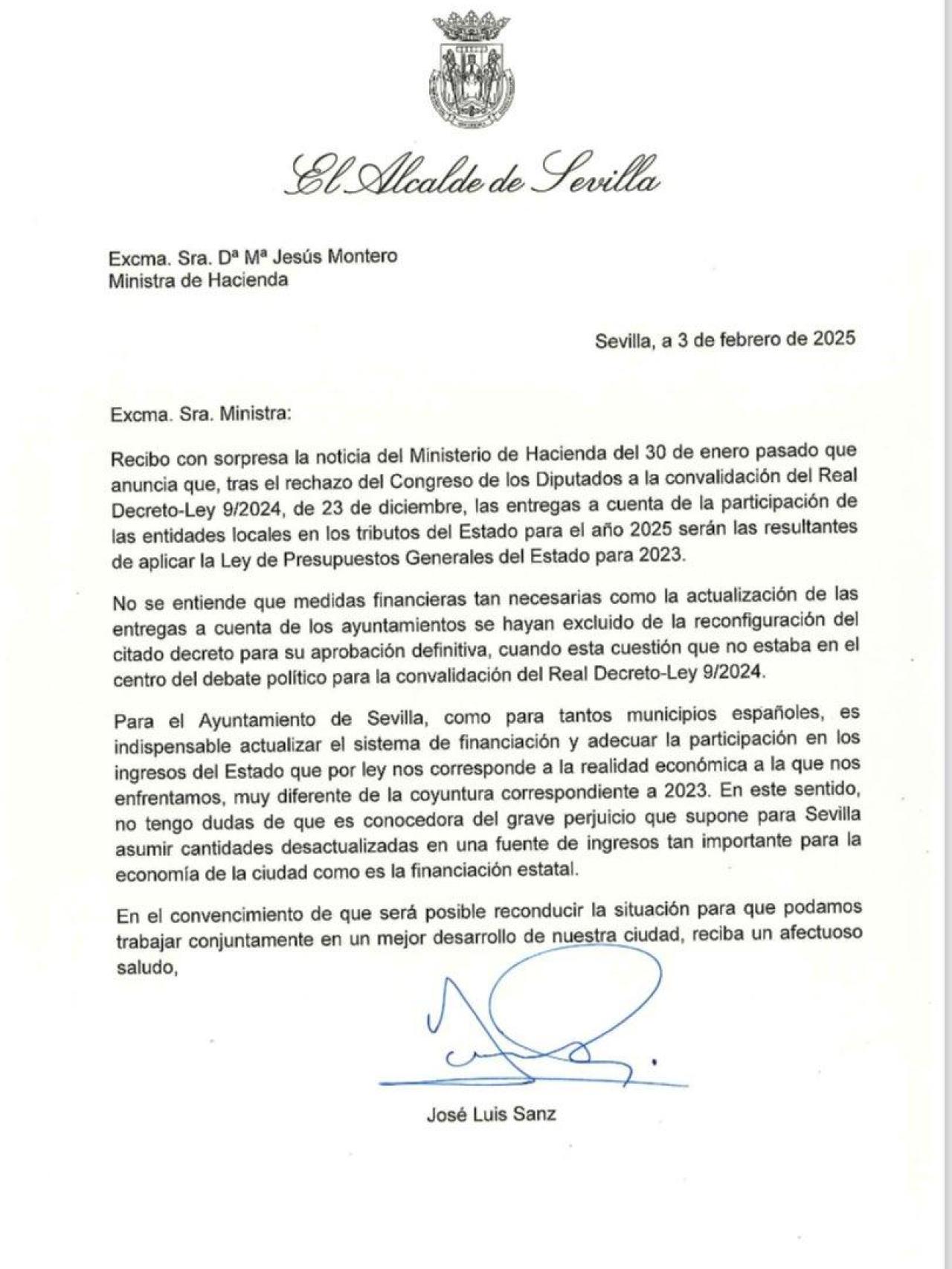 Carta remitida por José Luis Sanz a la ministra de Hacienda, María Jesús Montero