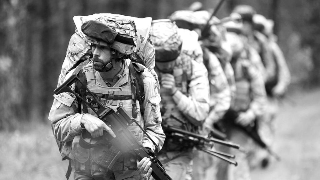 Soldados de infantería de Marina de la Armada en unas maniobras de la OTAN en Letonia, en 2019.