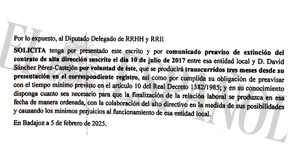 La carta de renuncia de David Sánchez.