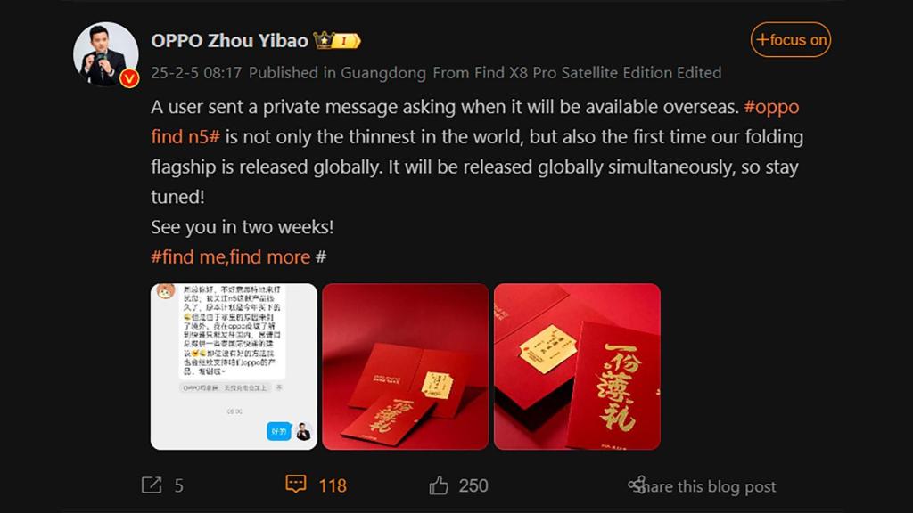 La publicación de OPPO en Weibo