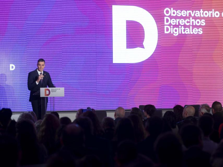 El presidente del Gobierno, Pedro Sánchez, interviene durante el acto de presentación del Observatorio de Derechos Digitales, este miércoles.