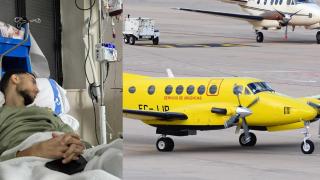 En la imagen izquierda, Abdel permanece ingresado en el Hospital Comarcal de Melilla. En la derecha, el Beechcraft B200 que le trasladó a Granada.