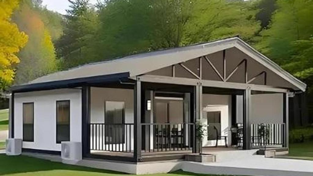 Así luce la casa prefabricada  de Amazon con su porche.