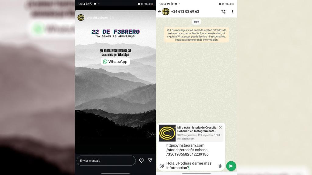 Ejemplo de cómo funciona el sticker de WhatsApp en Instagram Stories