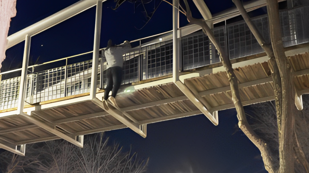 El joven denunciado por hacer dominadas colgado de un puente.