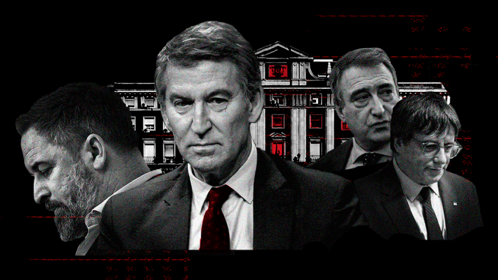 Alberto Núñez Feijóo, rodeado de Santiago Abascal, Aitor Esteban y Carles Puigdemont.