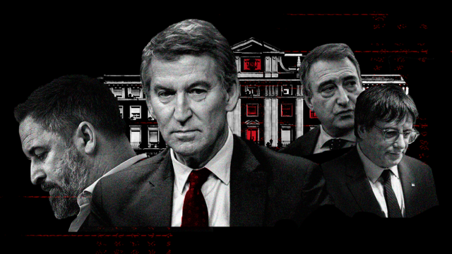 Alberto Núñez Feijóo, rodeado de Santiago Abascal, Aitor Esteban y Carles Puigdemont.