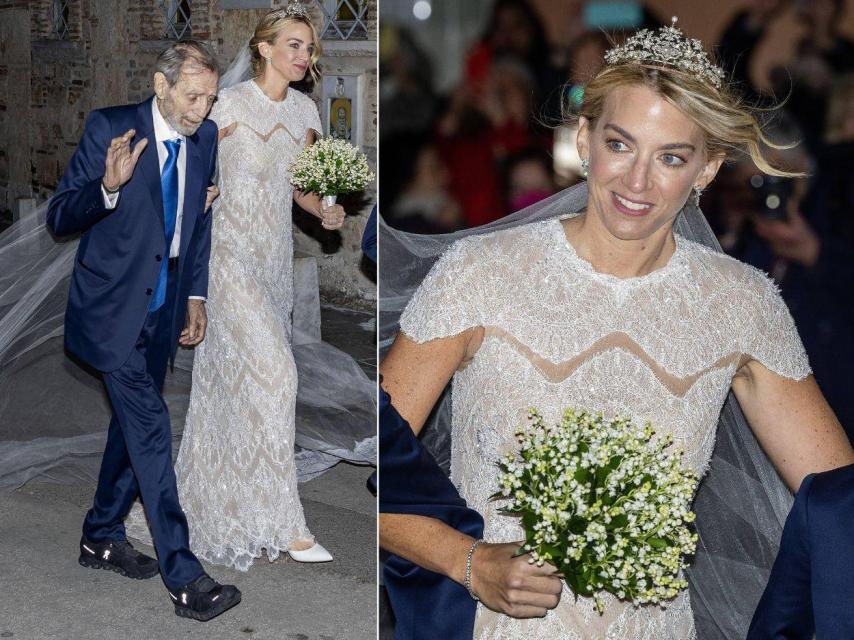 La ya mujer de Nicolás de Grecia llegando al templo del brazo de su padre.