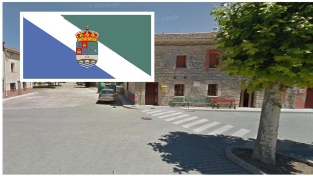 Imagen del pueblo junto al escudo y bandera