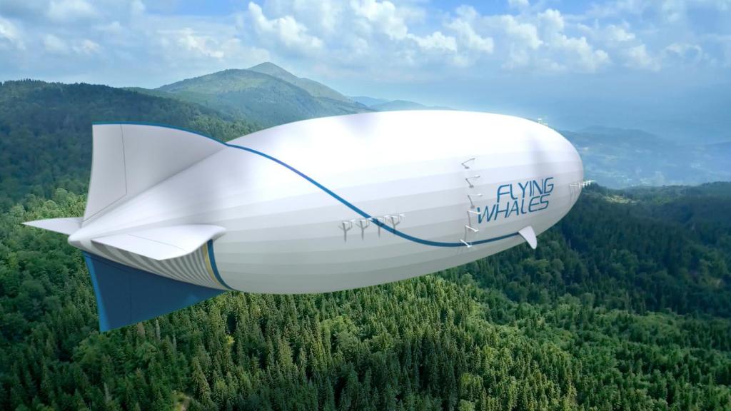 Recreación del dirigible sobrevolando un bosque