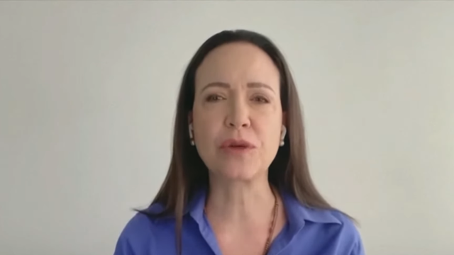 María Corina Machado, durante su discurso emitido este sábado en el acto de Patriotas celebrado en Madrid.