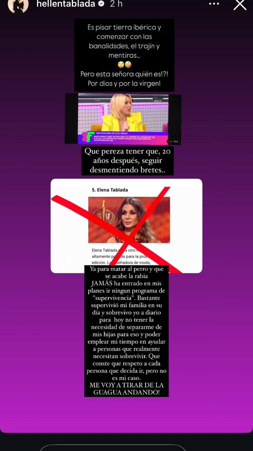 Pantallazo de la historia de Elena Tablada en su cuenta de Instagram.
