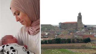 Imagen del pueblo de Vega de Villalobos, con el nuevo bebe del pueblo junto a su madre, en un montaje