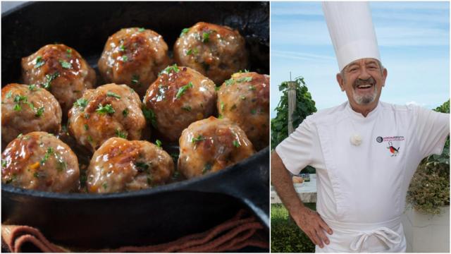Deliciosas albóndigas acompañadas de la imagen del chef Karlos Arguiñano.