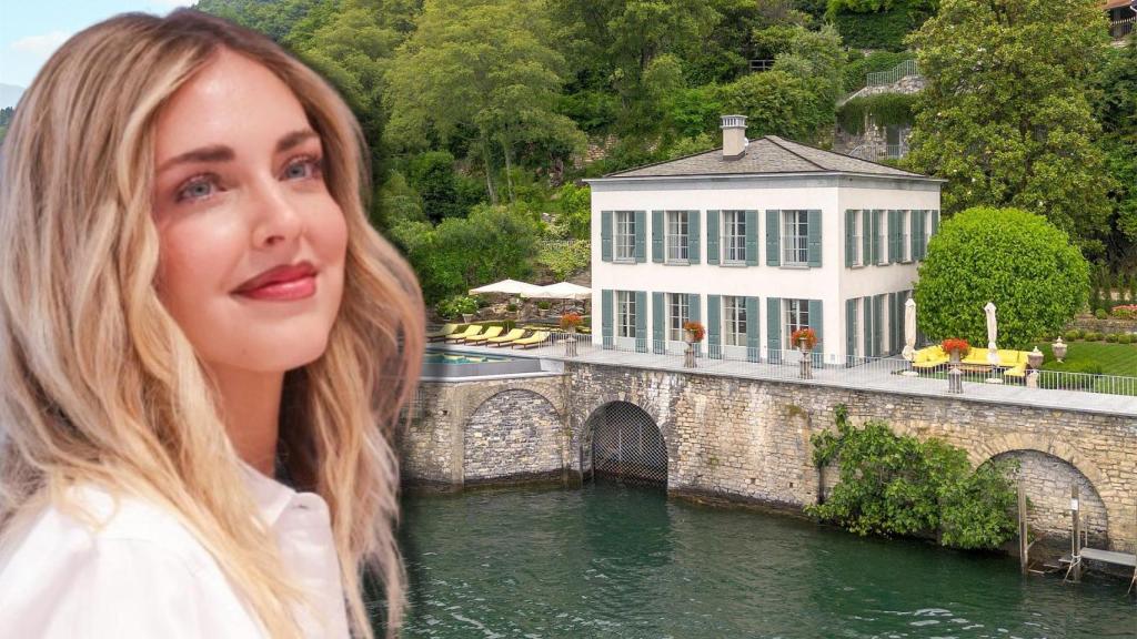 Chiara Ferragni junto a su casa en el Lago de Como, en un montaje de JALEOS.