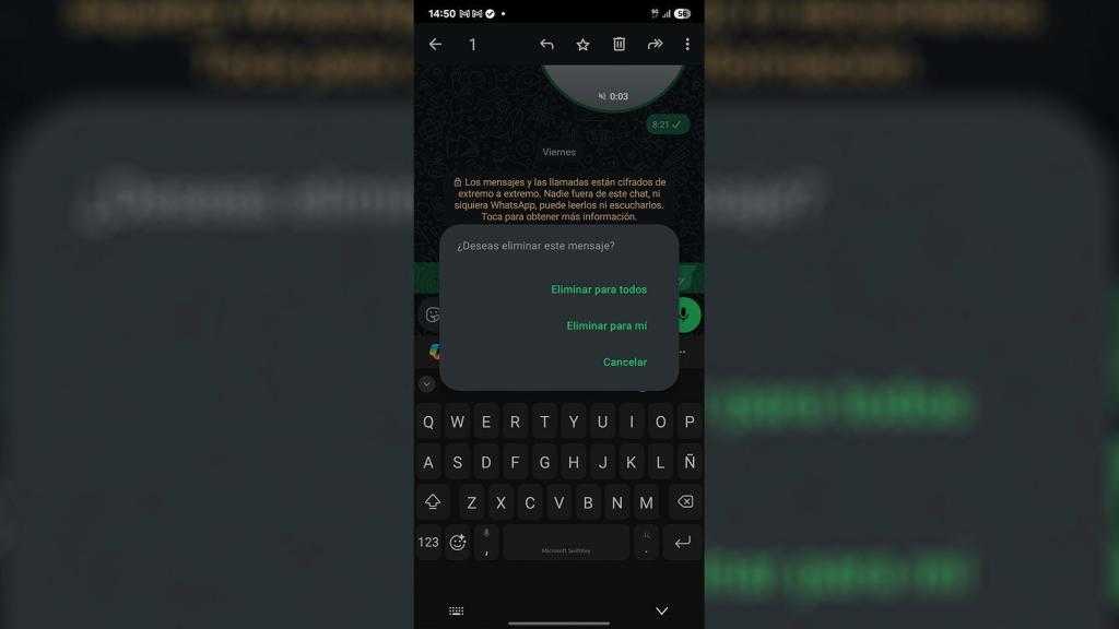 Justo antes de pasar a borrar un mensaje en WhatsApp