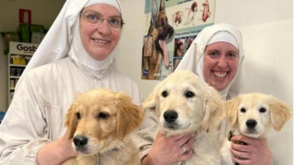 A la izquierda, el nuevo obispo. A la derecha, las monjas con sus perros en una imagen de archivo.