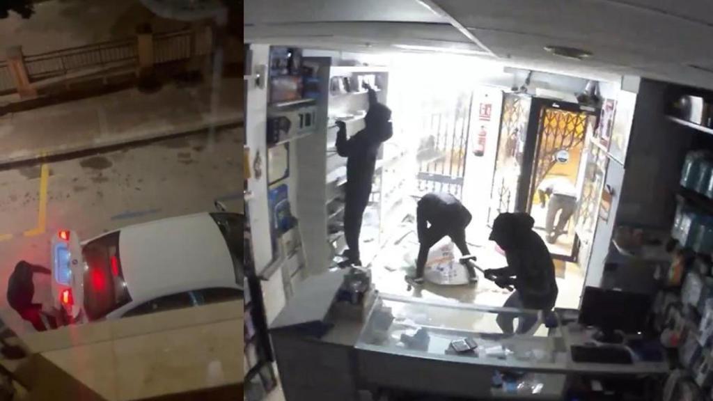 El vehículo de color blanco que emplea la banda en sus golpes, durante el robo a una perfumería de Totana, y al lado, una imagen del asalto a la tienda de telefonía en el Puerto de Mazarrón.