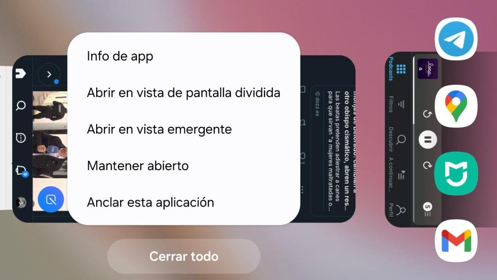 Menú de mantener abierta de una app