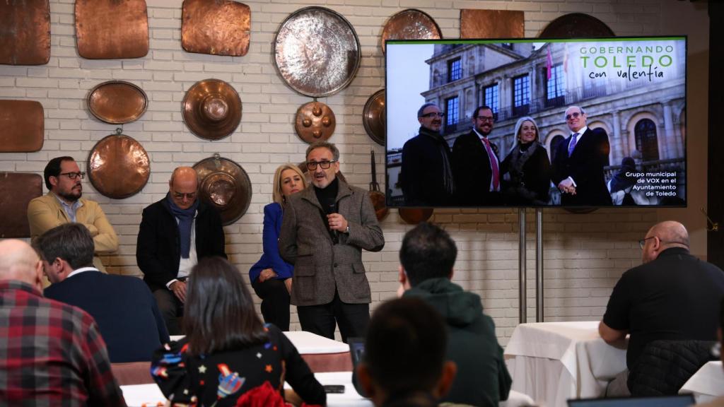 Florentino Delgado durante su intervención en el desayuno organizado por Vox Toledo.