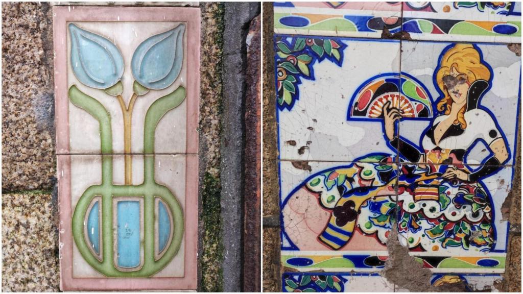 Dos diseños de azulejos en la fachada del número 22 del Campo da Leña.