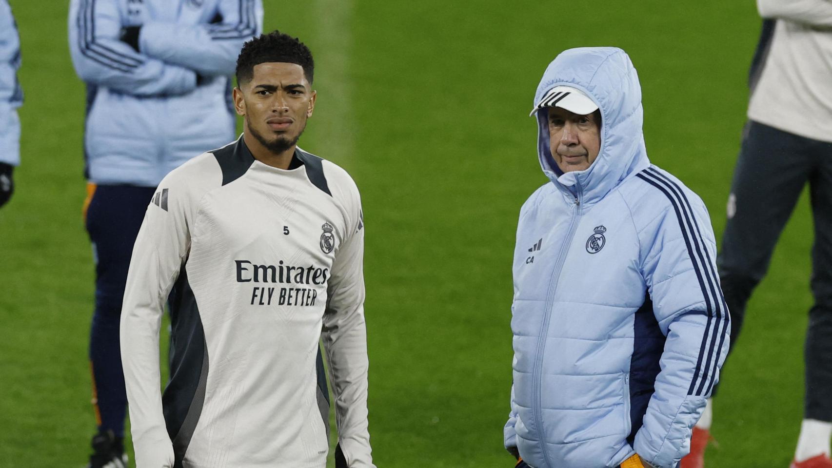 Bellingham y Ancelotti, en un entrenamiento del Real Madrid