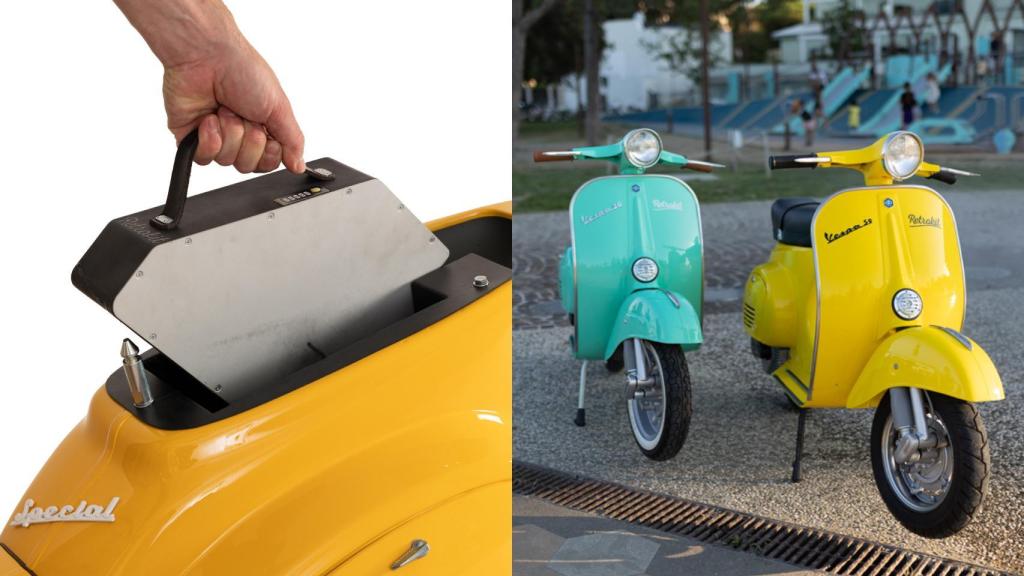 El invento Retrokit y dos Vespas con el sistema ya instalado.