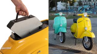 El invento Retrokit y dos Vespas con el sistema ya instalado.