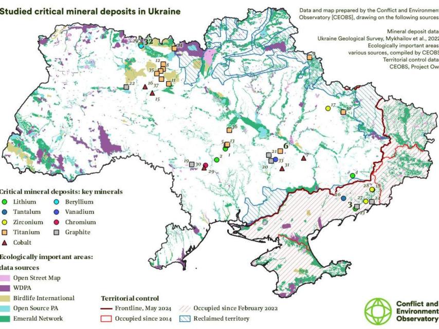 Mapa de los minerales críticos en Ucrania, con datos de 2022.