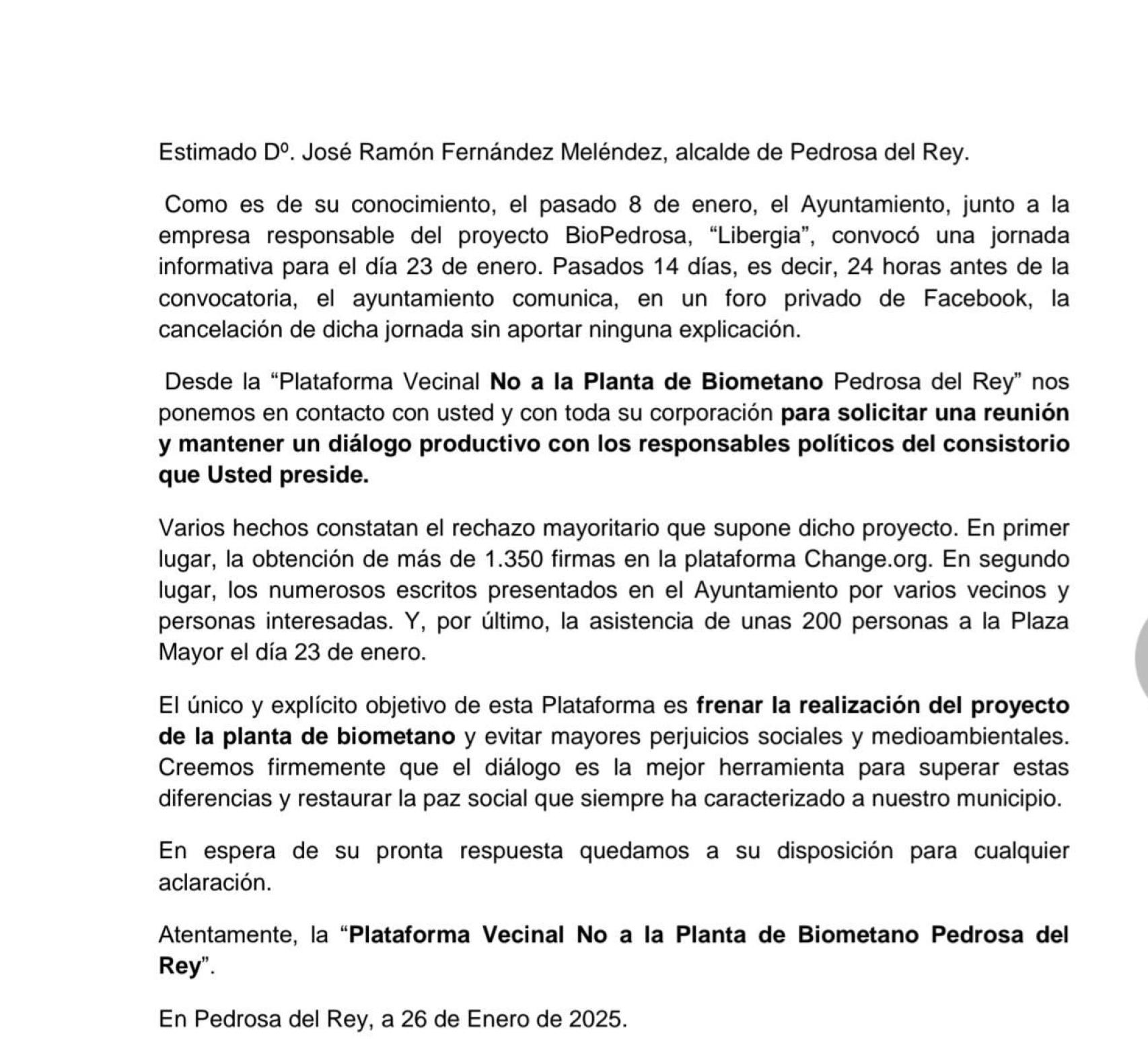 Carta al alcalde de Pedrosa del Rey
