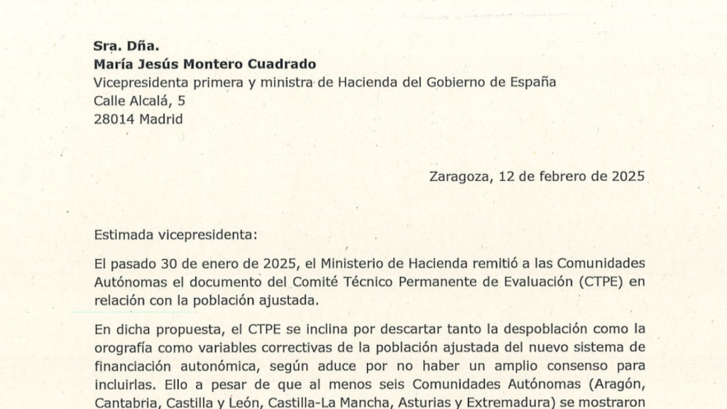 Carta de Azcón a la ministra Montero.