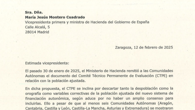 Carta de Azcón a la ministra Montero.
