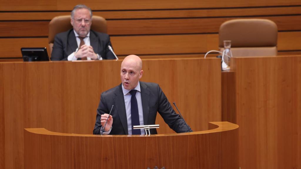 El viceportavoz de Vox, Carlos Menéndez, durante su defensa de la iniciativa en el pleno de las Cortes de este miércoles