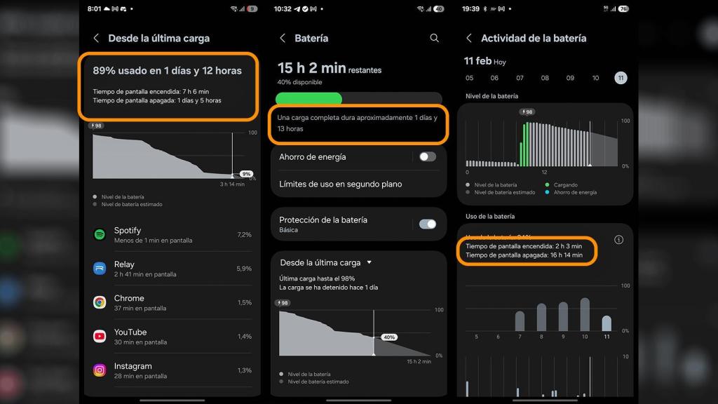 Varias capturas de la sección de batería del Samsung Galaxy S25 Ultra